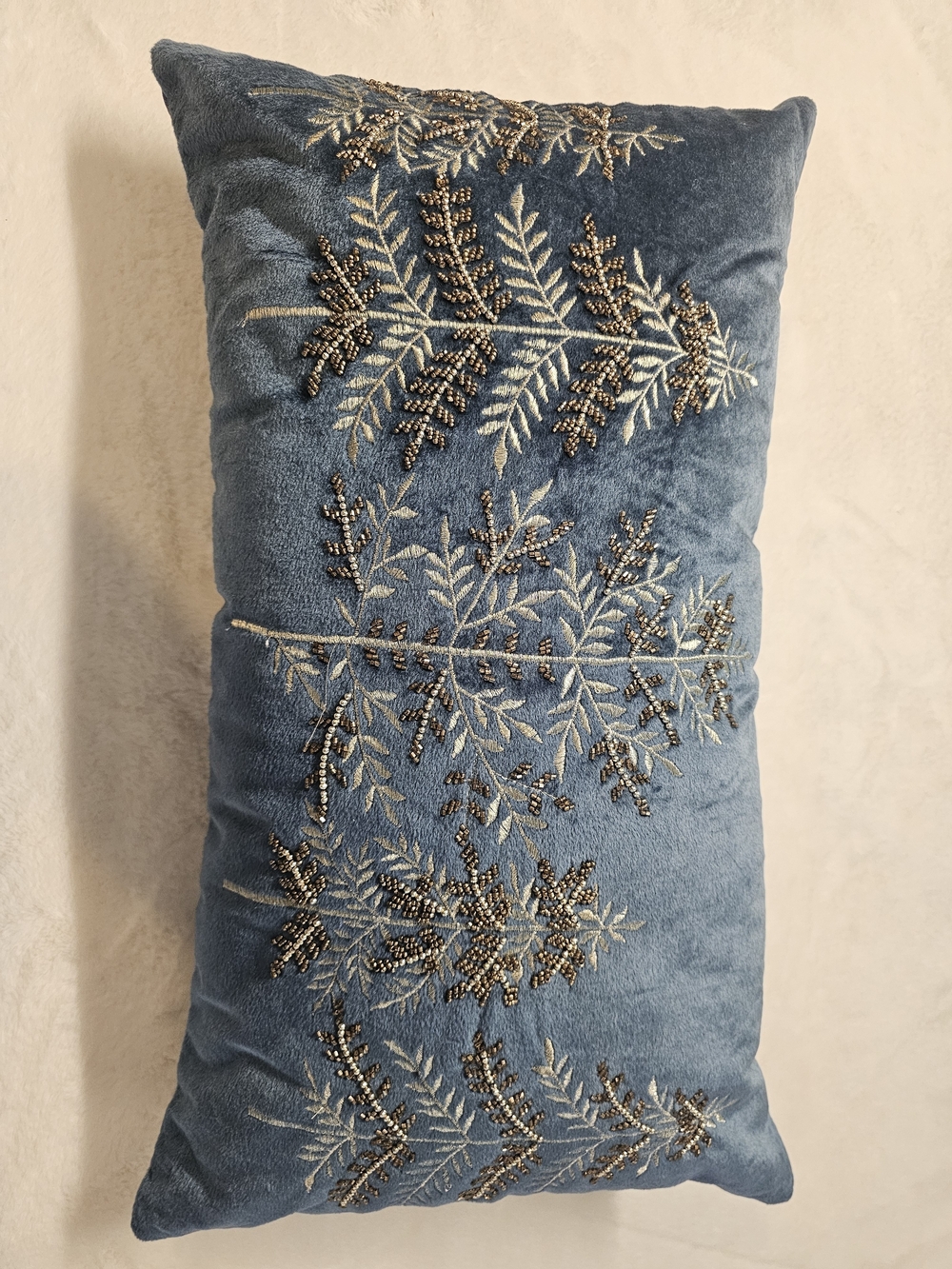 34th & Pine Blue Velvet Lumbar Pillow with Metallic Embroidered Trees